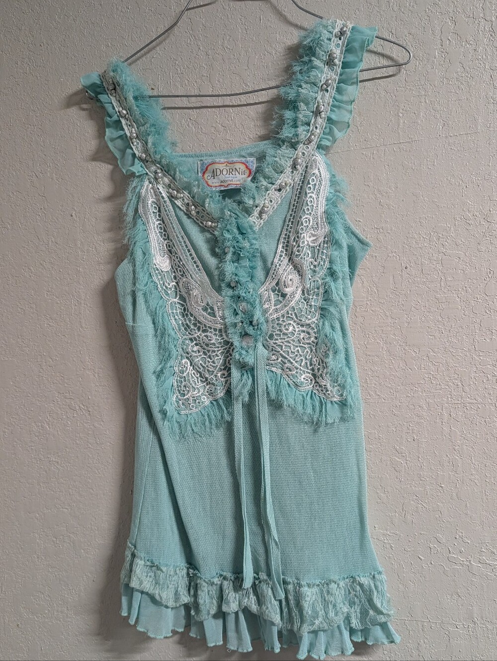 Boho Festival Butterfly Top L Teak Aqua Fringe Lace Ruffle Beaded Forest fairy